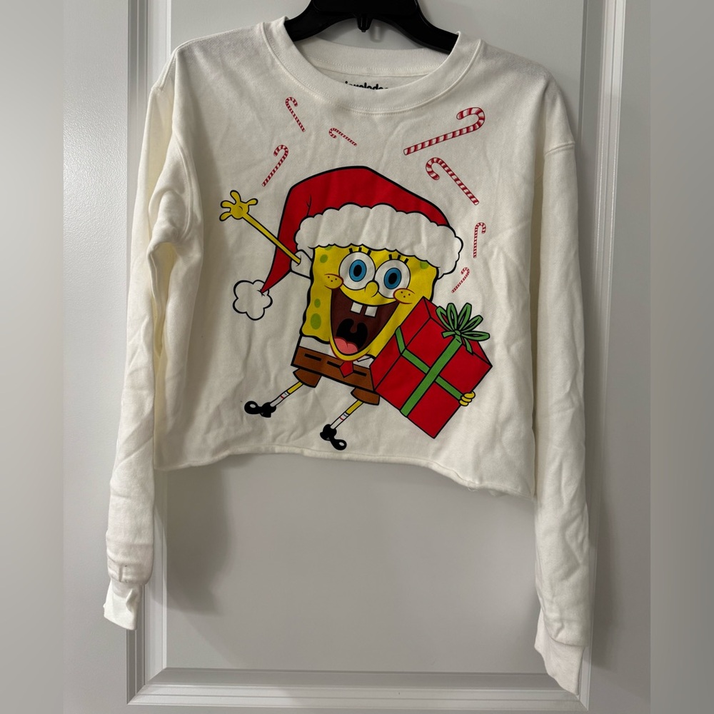 #1524 Nickelodeon Cartoon SpongeBob Christmas Sweatshirt White Crop Long Sleeve